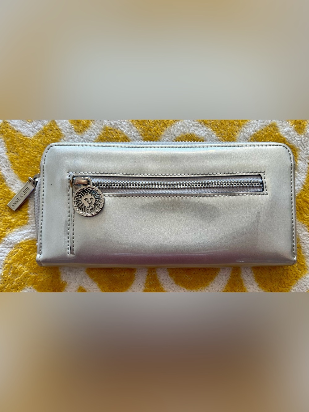 Anne Klein Silver Zip-Around Wallet w/ Zipper Accents, Card Slots & Charm